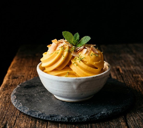 Mango lime frozen yogurt in a bowl, topped with lime zest, mint and toasted coconut