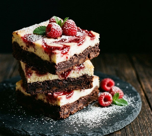 Raspberry cheesecake brownie bars, stacked, raspberry swirl and fresh raspberries on top