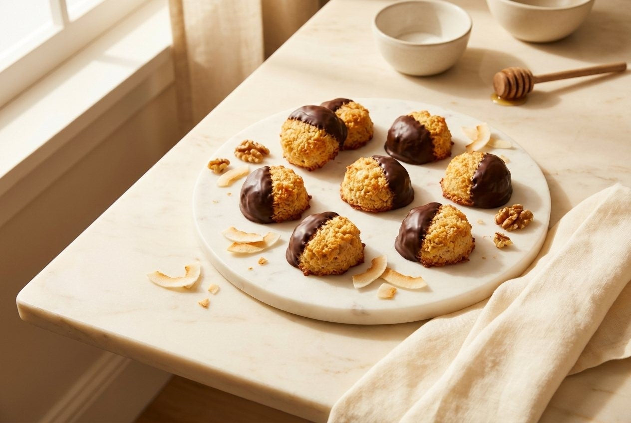 Banana walnut coconut macaroons, deep golden, half-dipped in dark chocolate, on a marble board
