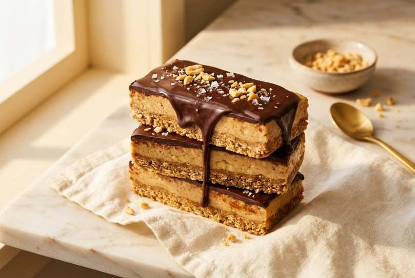 Peanut butter banana chocolate bars, stacked, dark chocolate top with crushed peanuts and flaky salt
