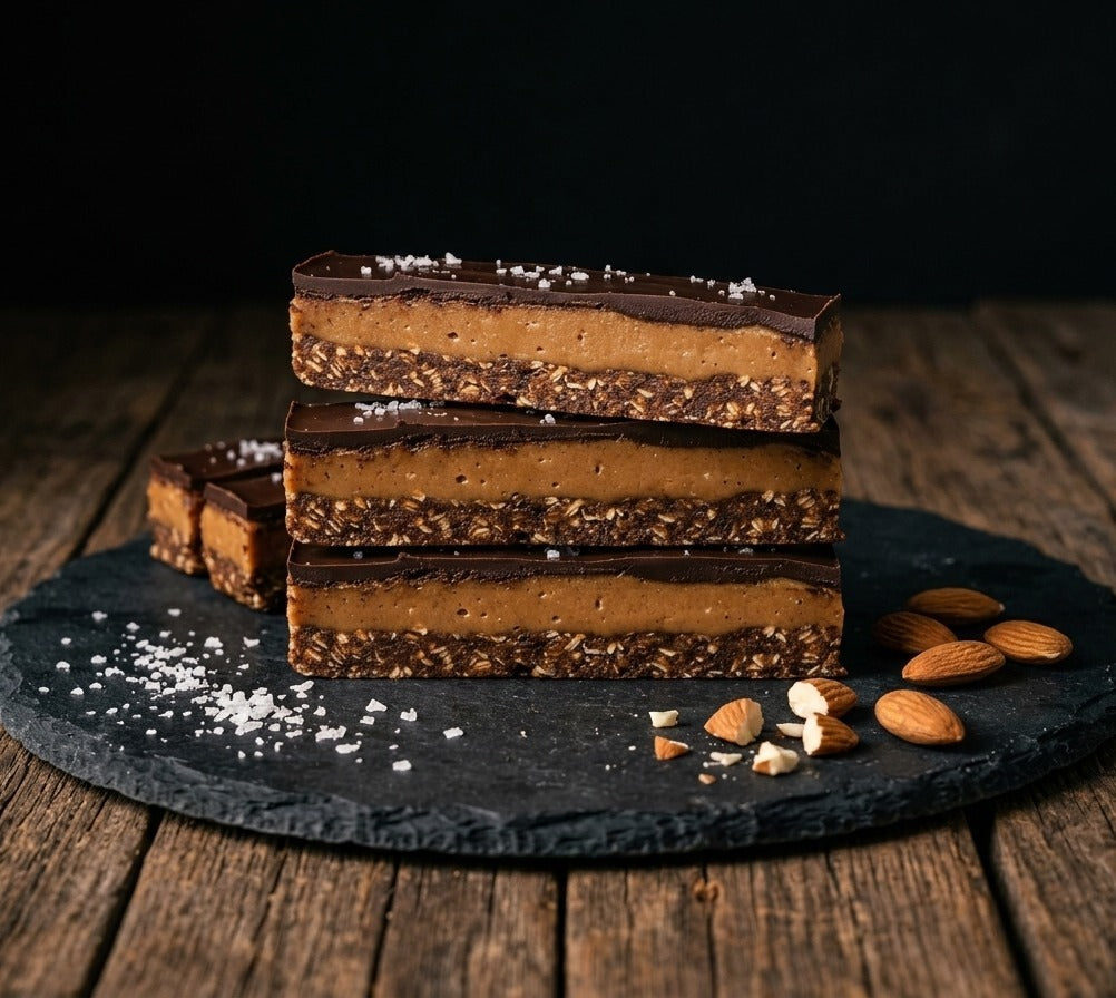 Salted almond butter fudge bars — three layers, stacked on slate with almonds and flaky salt